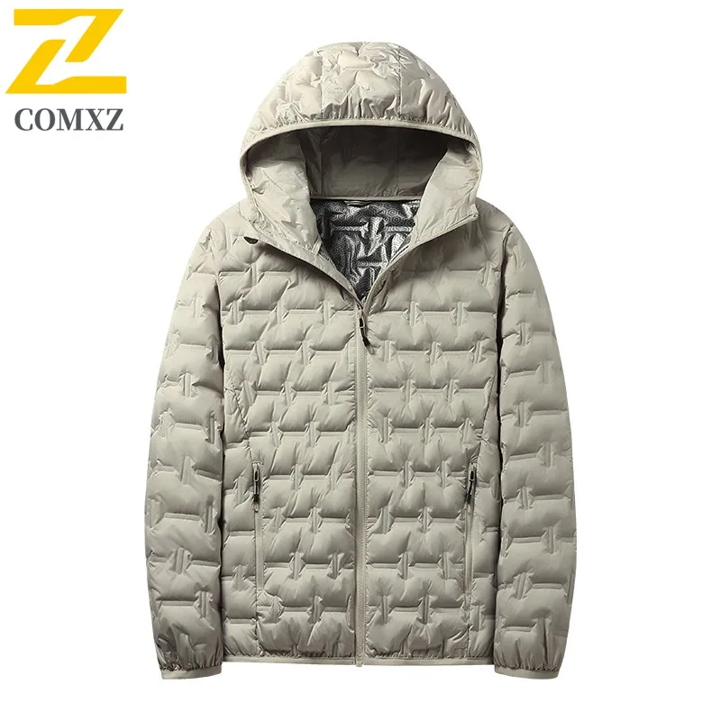 COMXZ 2025 Mens Graphene Lightweight Down Jacket 80 Grey Duck Down Hooded Coat waterproof and windproof lightweight windbreaker