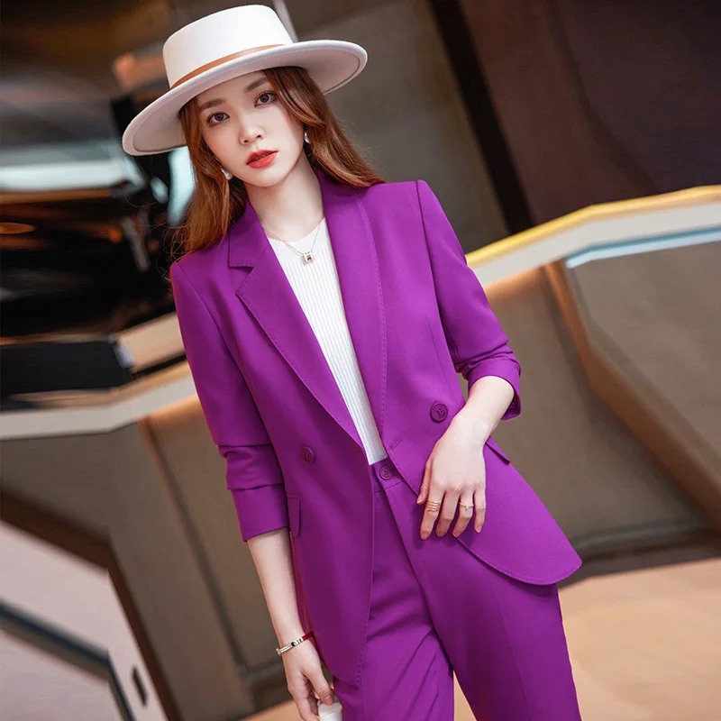 

Elegant Purple Autumn Winter Women Business Suits with Pants and Jackets Coat Long Sleeve Professional Pantsuits Trousers Set