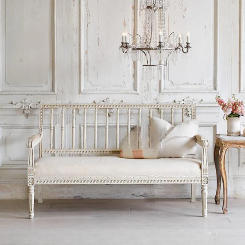 Vintage distressed white solid wood double fabric armchair