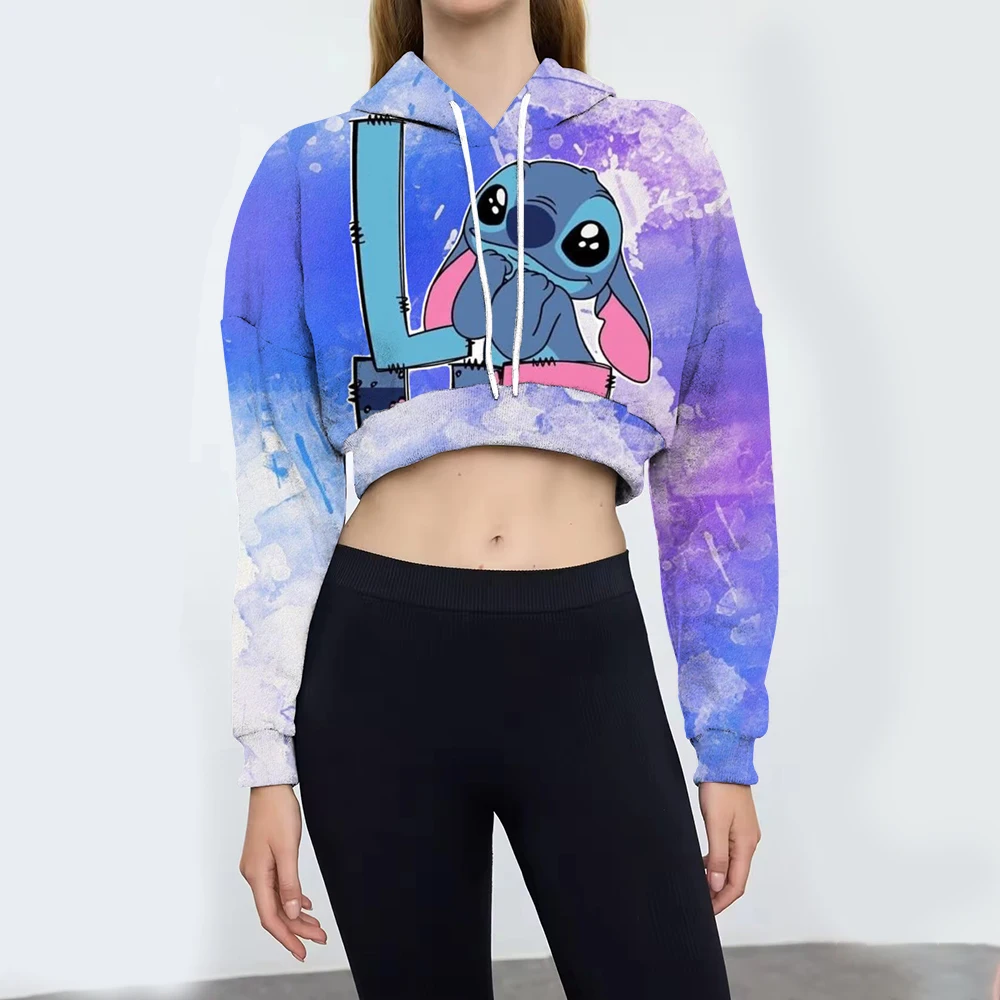 Short Hoodies Women Disney Stitch print Sweatshirt Long Sleeve Female Crop Top Fashion Korean Clothing Harajuku Hooded Sweatshir