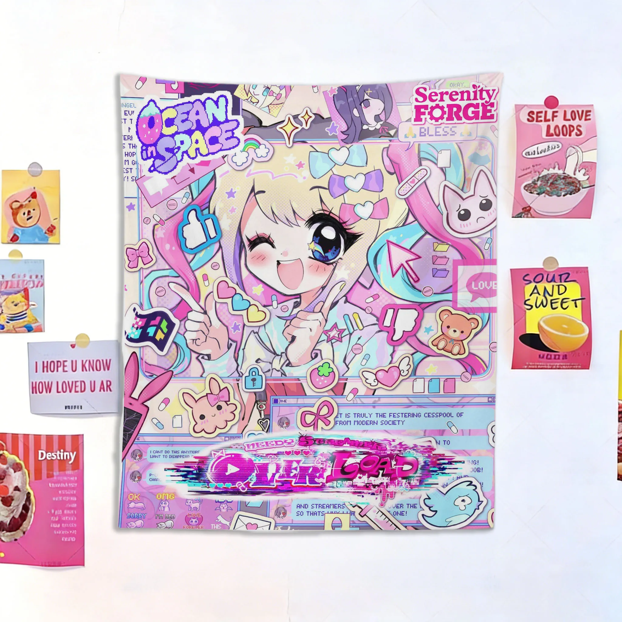 1 Stück Y2K Kawaii Anime-Mädchen Wandteppich, Glitch Cyber Niedlicher Wandbehang, Rosa Pastell Ästhetische Raumdekoration für Schlafzimmer und Studentenwohnheim