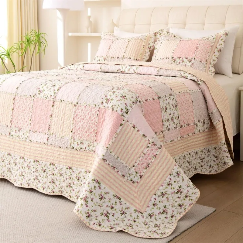 

King Size Floral Patchwork Quilt Set 3 Piece Pink Yellow Lightweight Summer Bedding Coverlet with Pillow Shams for Women