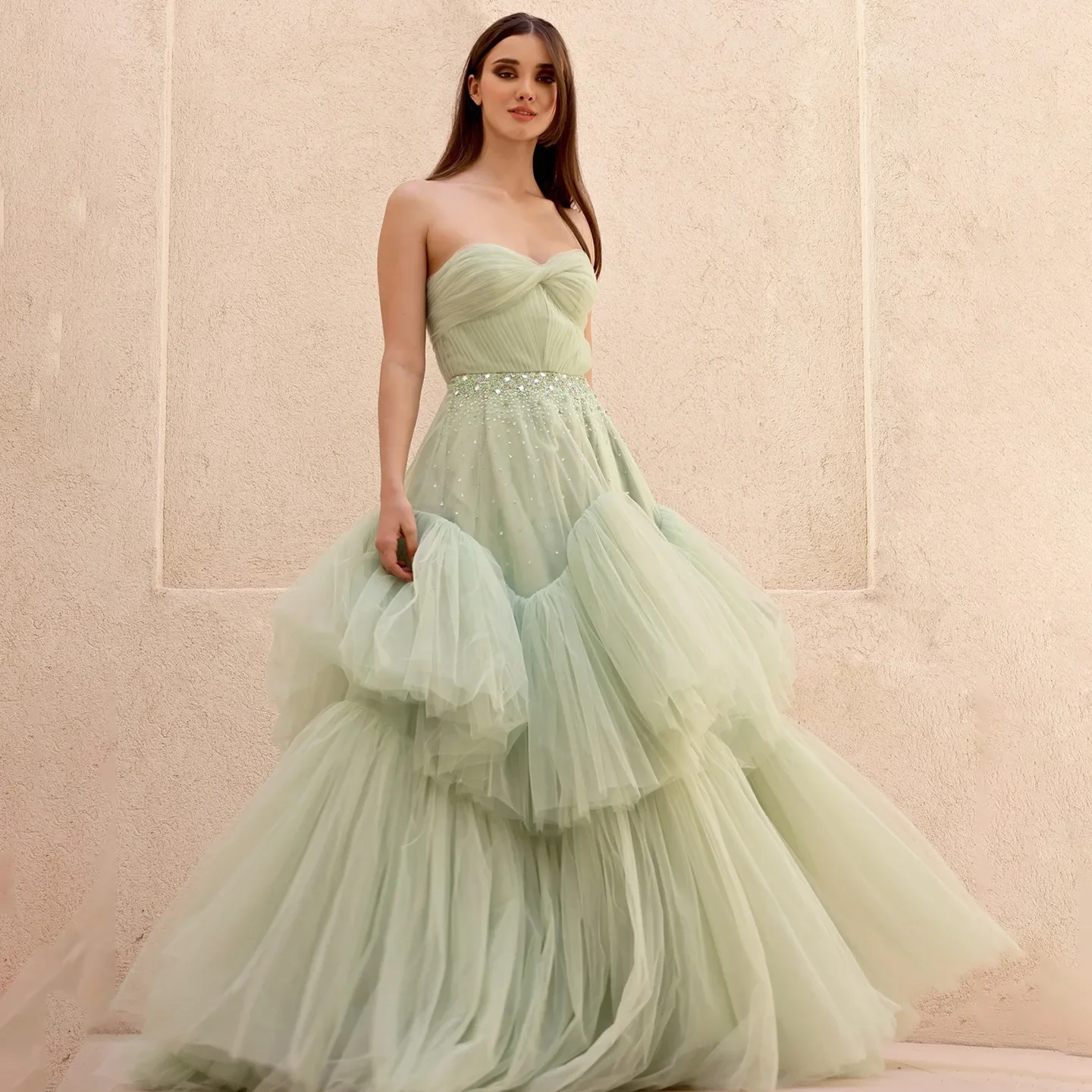 

Sharon Said Dubai Sage Green Ruffles Evening Dress with Crystal Strapless for Women Wedding Party Ball Gowns SF314 Customized