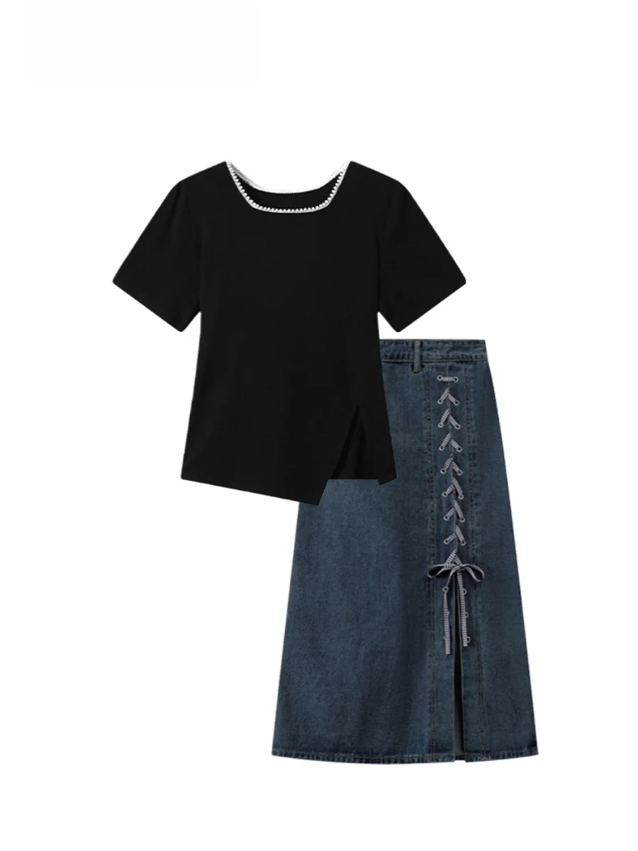 

plus Size Summer Outfit Women's Short Sleeve T-Shirt And Denim Skirt Two-Piece Set High Waist A-Line Skirt Korean Style
