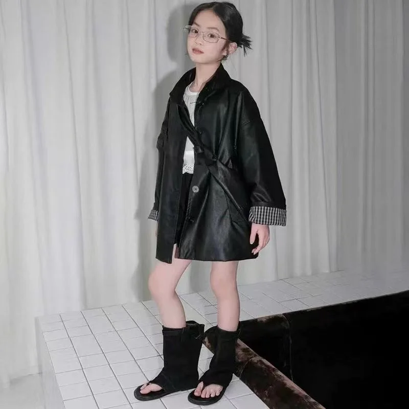 

Spring Autumn Girl PU Leather Jacket Korean Style Plaid Patchwork Fashion Coat 120-170cm