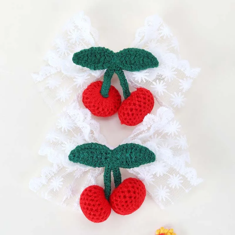 ncmama 2Pcs Cherry Bow Hairpin Cute Knitted Hair Clips for Baby Girls Barrette Child Side Clip Headwear Korean Hair Accessories