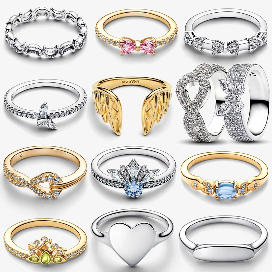 

2026 New Disney 925 Silver Eternal Heart Wings Bow Mickey Minnie Sparkling Crown Long Hair Princess Charm Ring DIY Jewelry