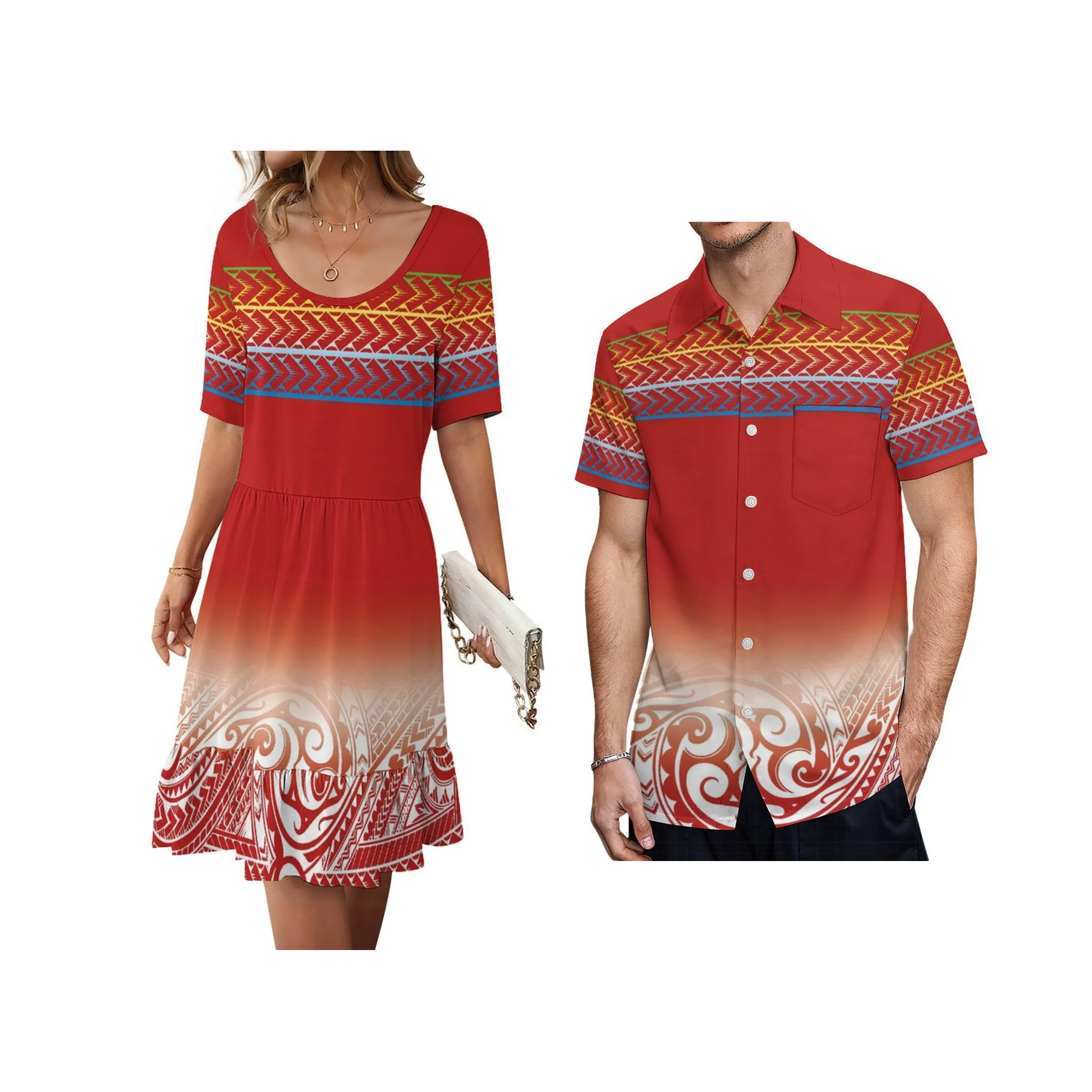 فستان قصير بأكمام قصيرة مخصص بتصميم مطبوع هاواي للنساء برقبة دائرية فستان كاجوال بتصميم جزيرة عيد الفصح فستان النادي