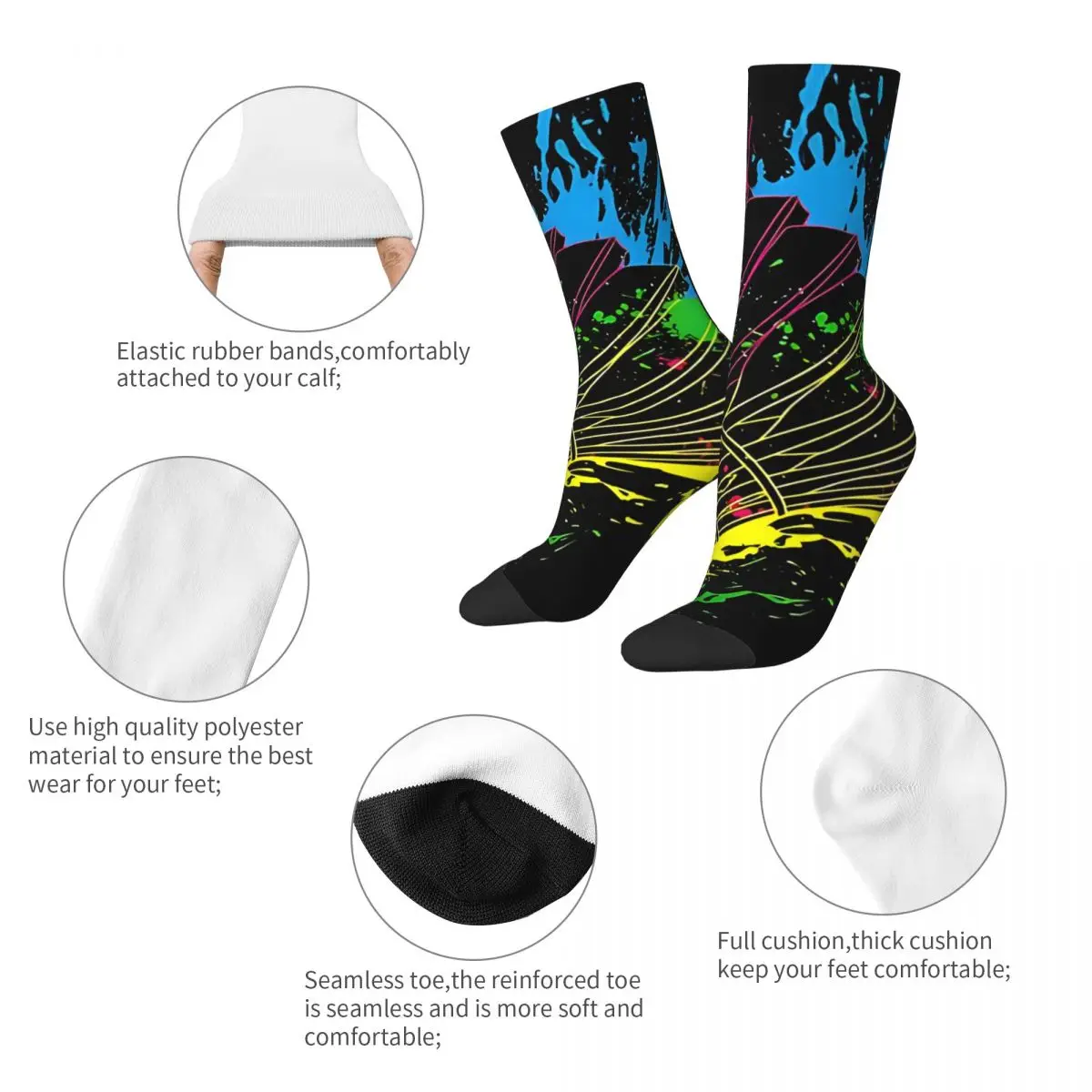 Chaussettes de compression rétro Splash pour hommes, chaussettes de badminton unisexes, chaussettes d'équipage fantaisie, chaussettes imprimées sans couture, Harajuku