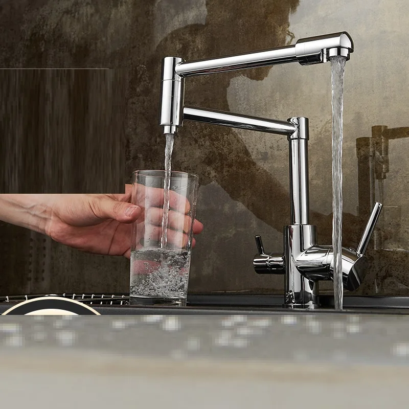 MTTUZK Brass Plating Chrome Kitchen Folding Faucet With Pure Water Cold Hot Kitchen Modern Drinking Water 3 Way Faucet Mixer