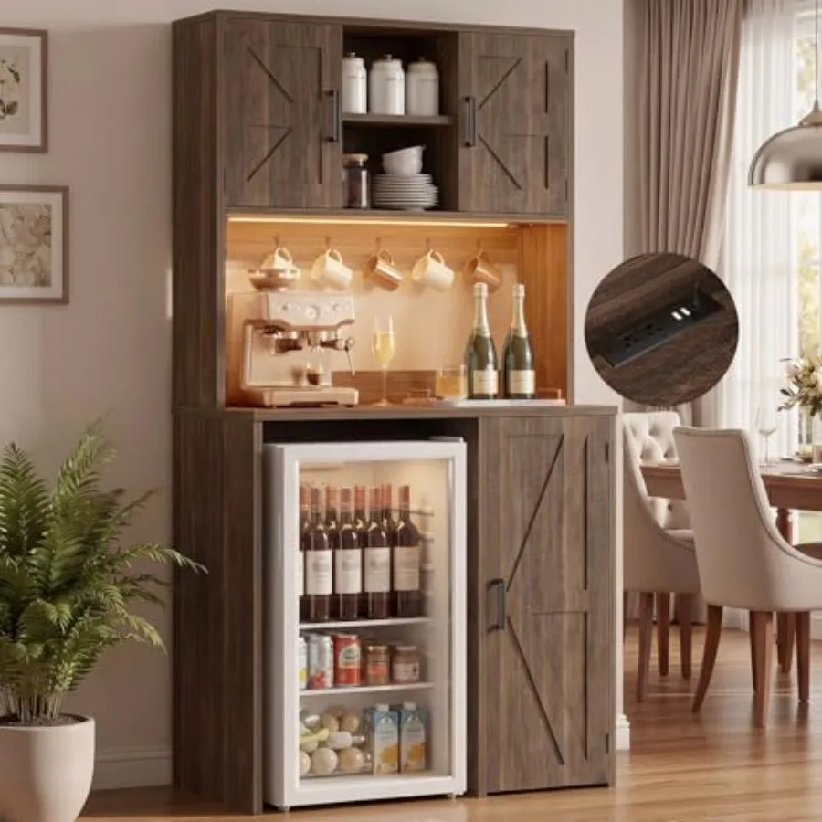 Mini Fridge Cabinet with Outlet and LED Light, Coffee Bar Cabinet