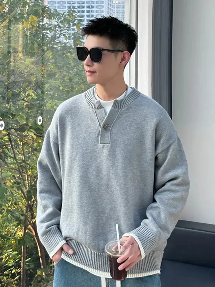 

Мужской свободный свитер с воротником хенли, V-образным вырезом, зимний, повседневный, с длинными рукавами, мягкий, удобный, из полиэфирного волокна