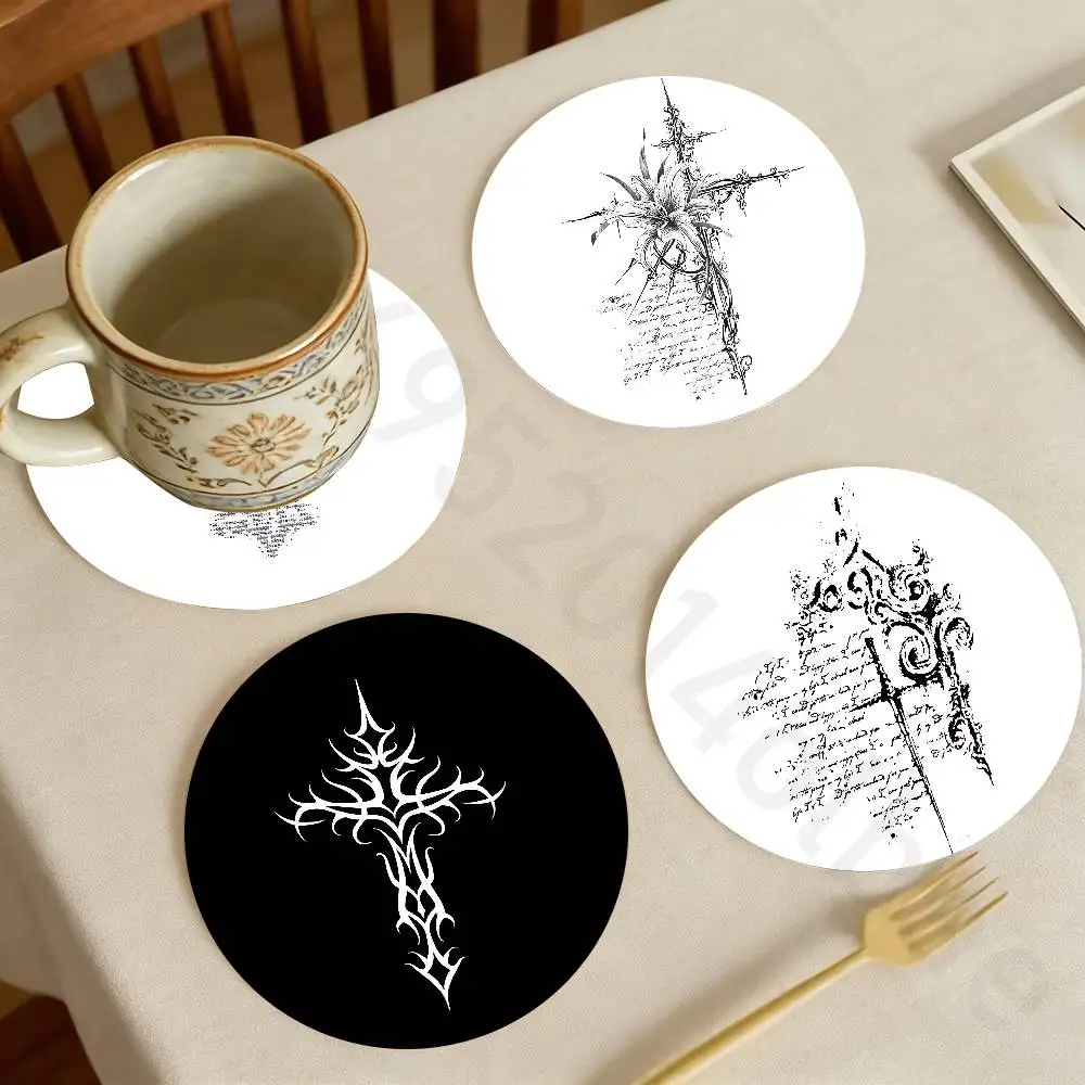 

Cyber Sigil Cross Goth Wooden Cup Coaster Tea Coffee Beverage Colour Printing Cup Mat Home Restaurant Decorations