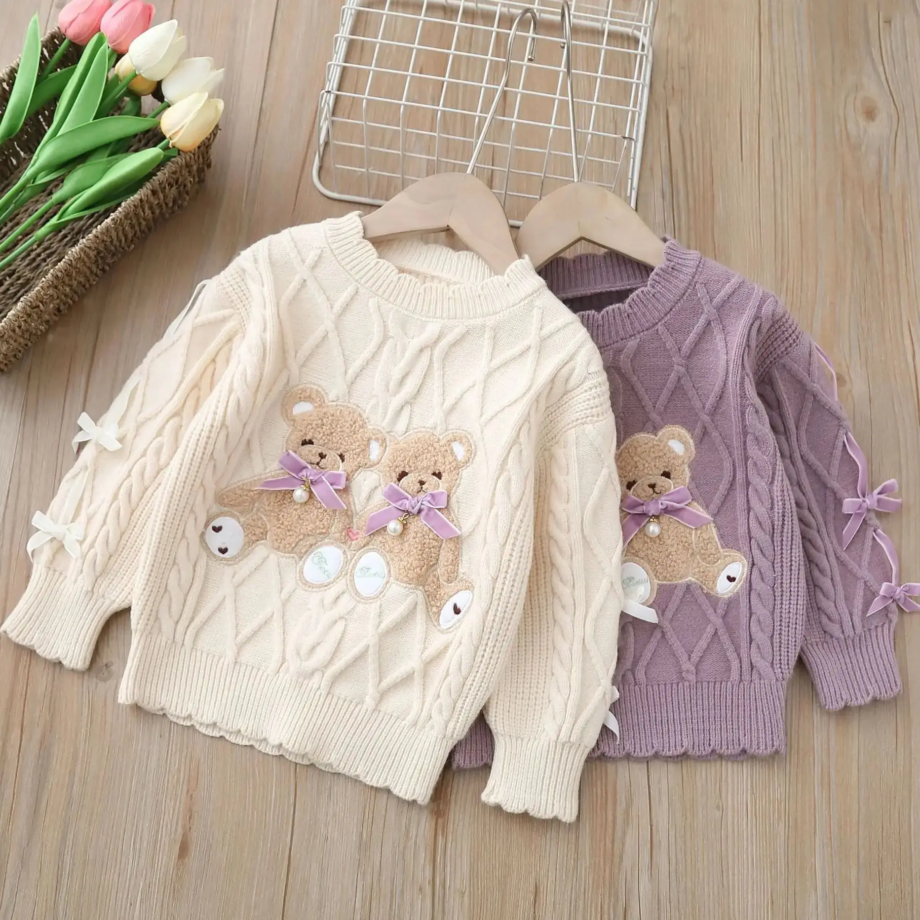 

Autumn Winter Toddler Kids' Clothes Bear Print Knitted Sweater Bow Cute Casual Children Top For Little Girls Warm Fashion Outfit