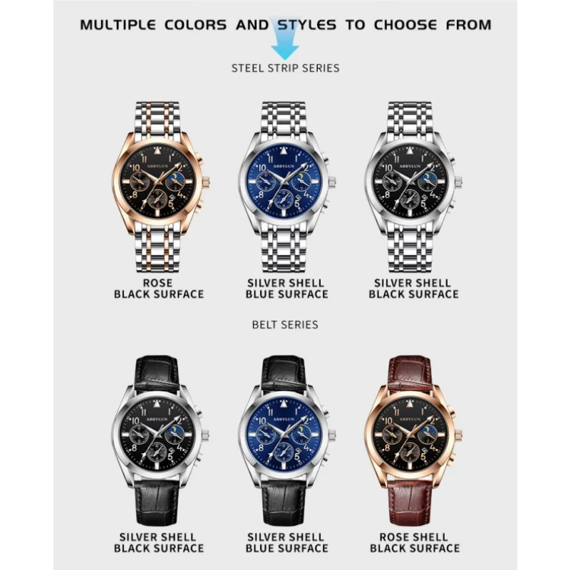 Abbylun นาฬิกาควอทซ์สำหรับผู้ชาย, นาฬิกาข้อมือ816คลาสสิกกันน้ำมัลติฟังก์ชั่นโครโนกราฟลำลอง