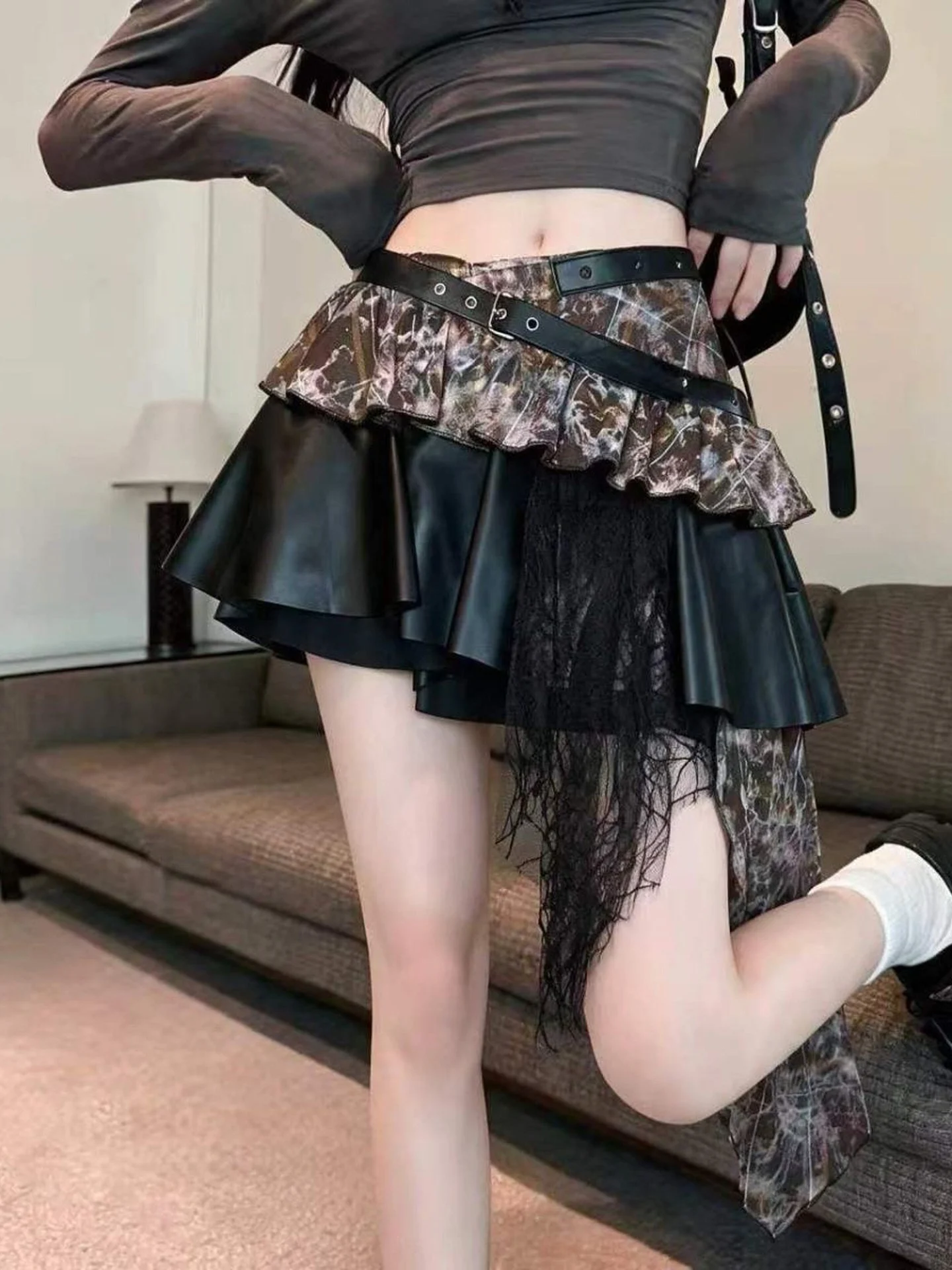 Asymmetric PU Leather  Skirt with Lace Splicing Korean Style High Waist Pleated Half-length Women's Fashion Slimming Vers...