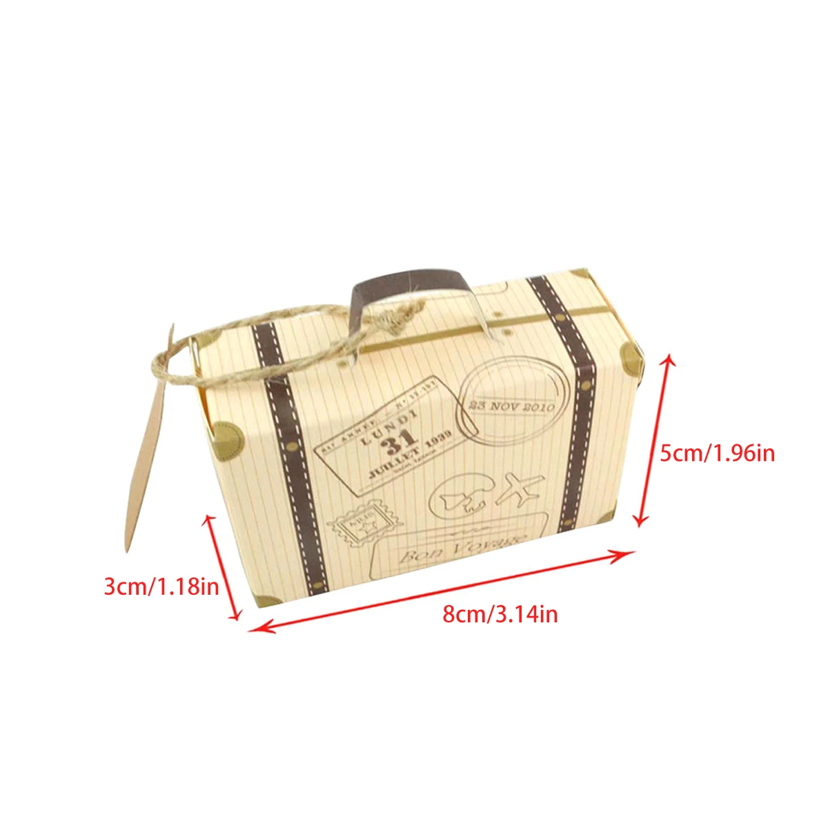 50pcs Mini Suitcase Candy Box Vintage Kraft Paper with Tags and Burlap Twine for Wedding/Travel Themed Party/Bridal Shower Decor