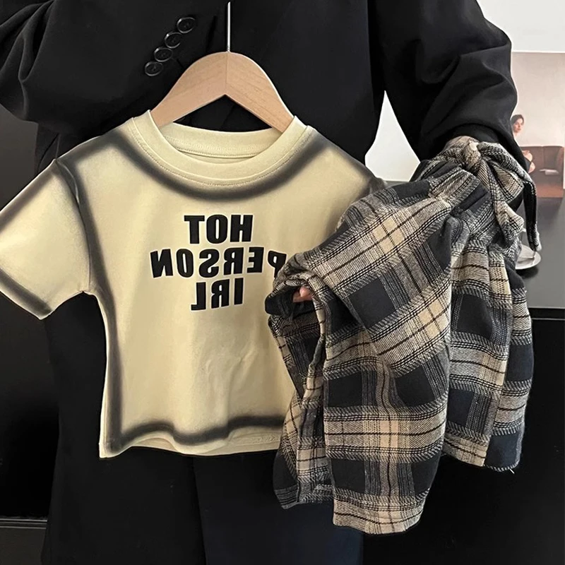 Summer Children\'s Clothing Girl Set Fashionable Letter Stroke Edge Short Sleeved T-Shirt+Street Style Irregular Plaid Half Skirt