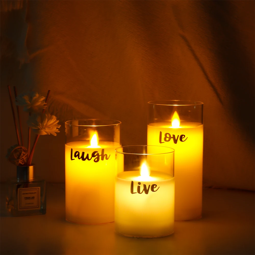 Set of 3 Flameless Glass Candles Wax Battery Candle Pillars Flickering LED Candles for Home Wedding Party Christmas Decoration