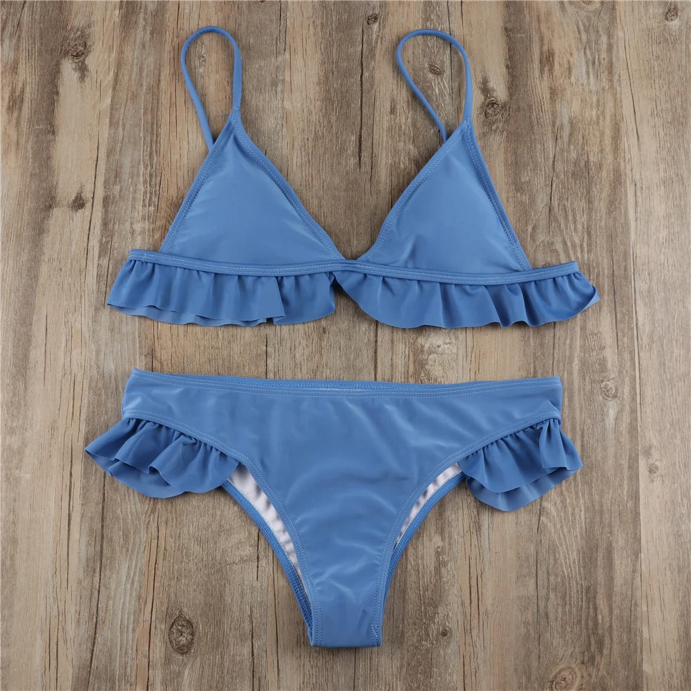 

Vintage Ruffled Bikini Triangle Sling Swimsuit Thongs Vacation Swimwear Women Bathing Suit Beach Outfit Bikinis De Mujer Biquini