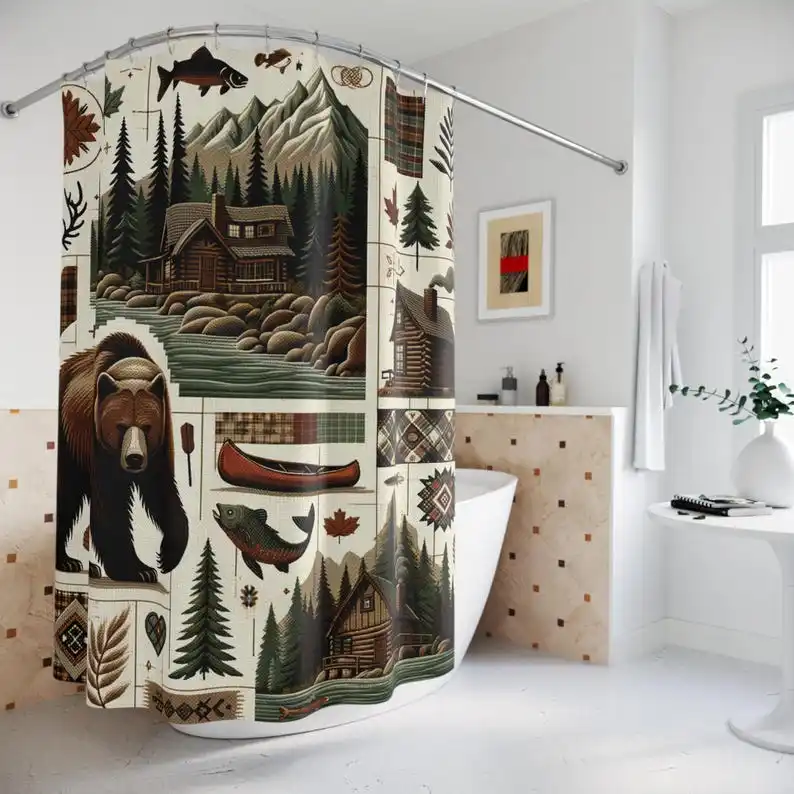 

Rustic Cabin Shower Curtain - Bear, Canoe & Forest Nature Design, Ideal for Lodge, AirBnB or Outdoor Lover Gift