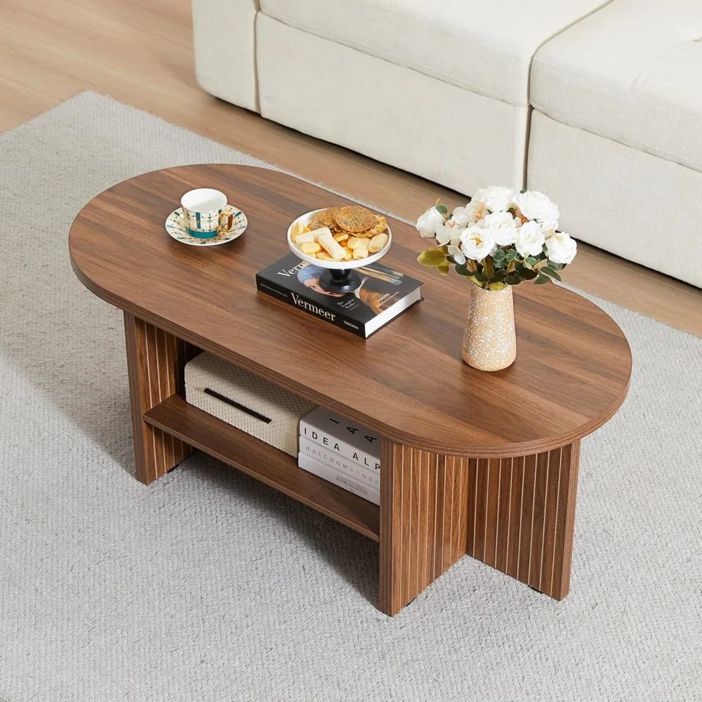 Farmhouse Style Oval Coffee Table with Storage Shelf for Living Room