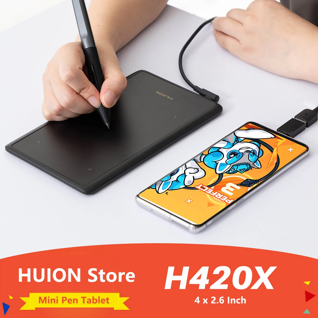 4x2.6 Inch Huion H420X Graphics Tablet Drawing Tablets Ultra Thin Signature Pad Type C Easy Connect to Android Phone Windows PC
