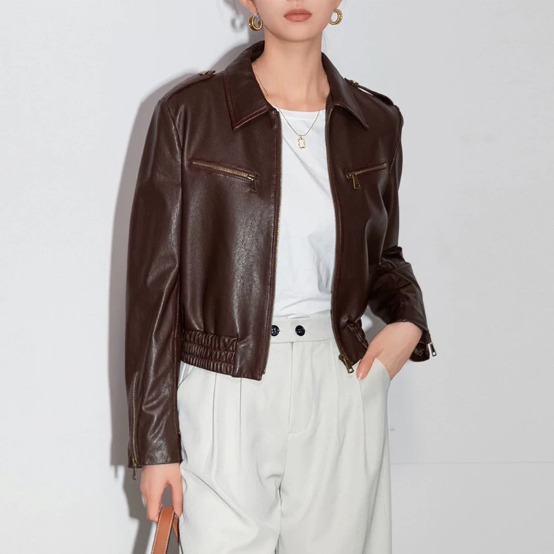 Veste en cuir véritable marron décontracté pour femmes, manteaux rétro en détresse, fermeture éclair, taille élastique, niveau A, vestes courtes en peau de mouton