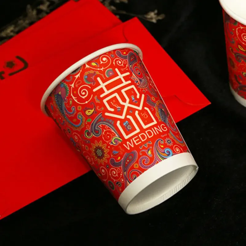 50PC Disposable Wedding Paper Cup Red Happy Word Disposable Cupcake Paper Cups