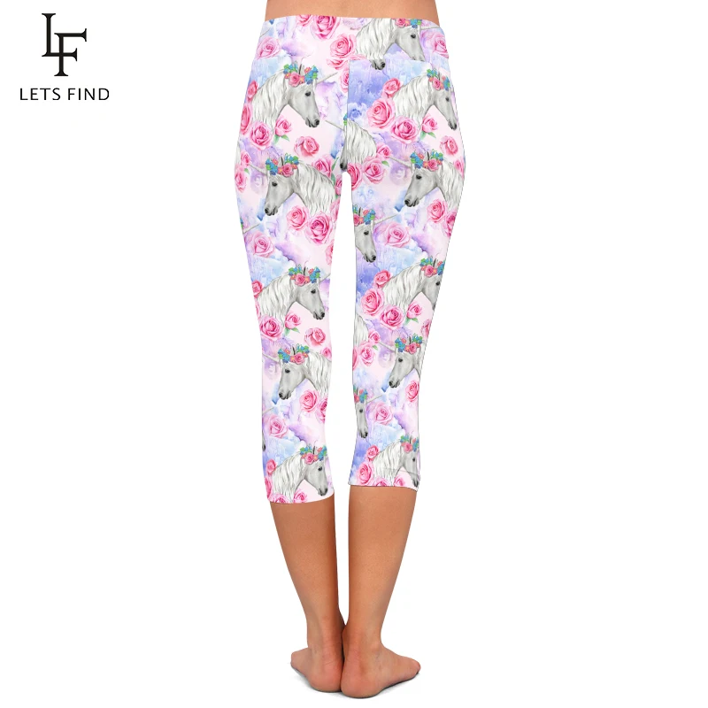 Letsfind Nieuwe Mooie Eenhoorns En Bloemen Print Capri Legging Hoge Taille Mid-Kalf 3/4 Stretch Soft Vrouwen Leggings