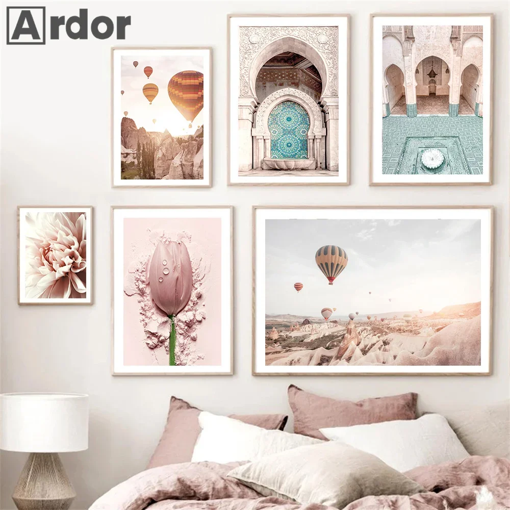 Pink Flower Palm Green Leaves Balloon Canvas Painting Islam Wall Art Pictures Nordic Posters Print Modern Living Room Home Decor