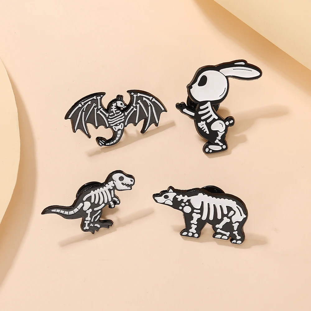 4Pcs/Set Personality Skeleton Animals Series Pins Skull Rabbit Dinosaur Bear Pterosaur Enamel Brooches For Bag Clothes Jewelry