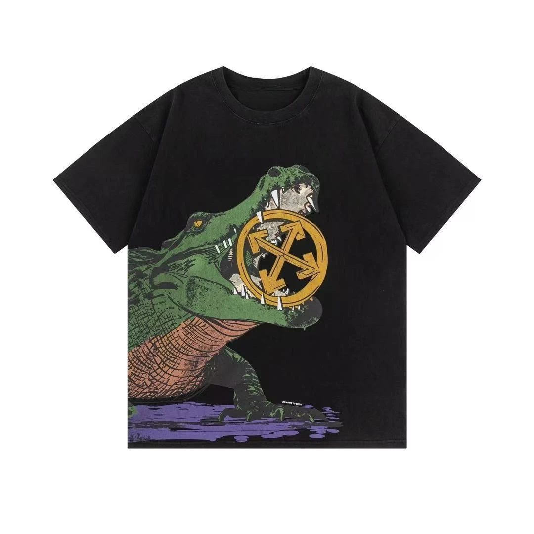 OFF marca de moda europea y americana OW novedad de verano lavado Retro pesado Casual suelta cuello redondo Camiseta de manga corta