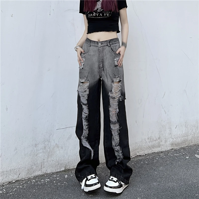 

Tie Dye Colorblock Denim Pants For Female High Waist Loose Hole Hollow Out Women's Casual Straight Leg Pants Spring