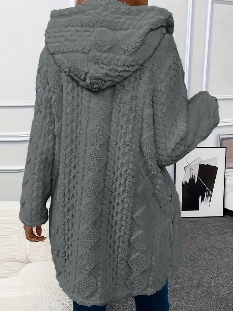 Argyle Textured Pattern Button Front Hooded Fleece Teddy Coat