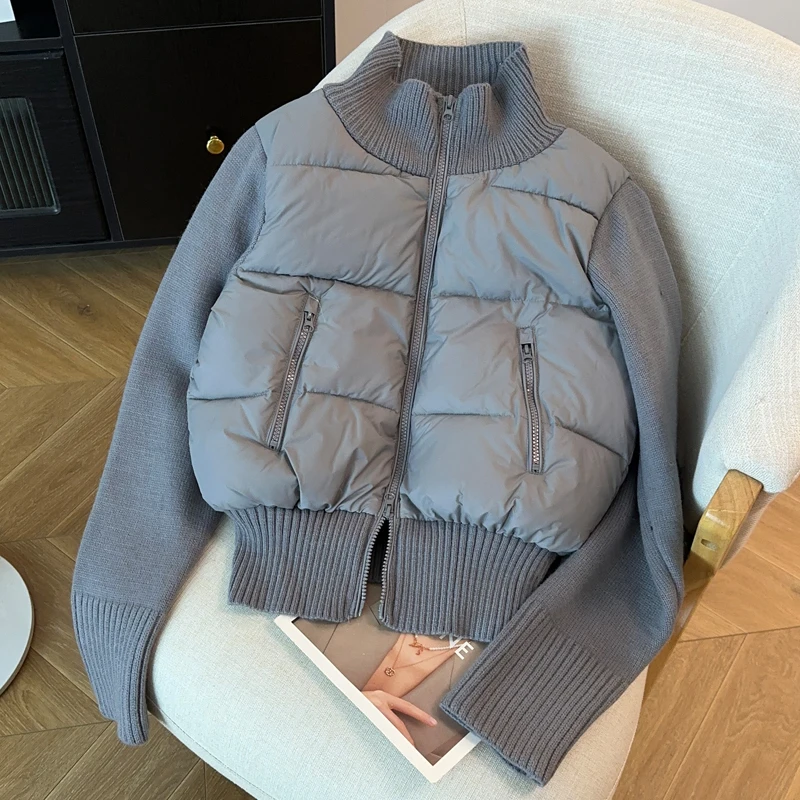 

Korean Gentle Style Grey Knitted Splicing Sleeve Cotton Jacket Women's Winter New Short Thick Warm Coats Versatile Outerwear