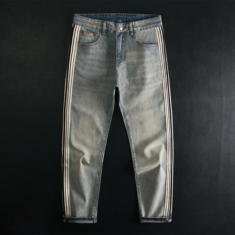 

High end quality American high street jeans men's trendy brand casual striped ribbon design straight leg long pants