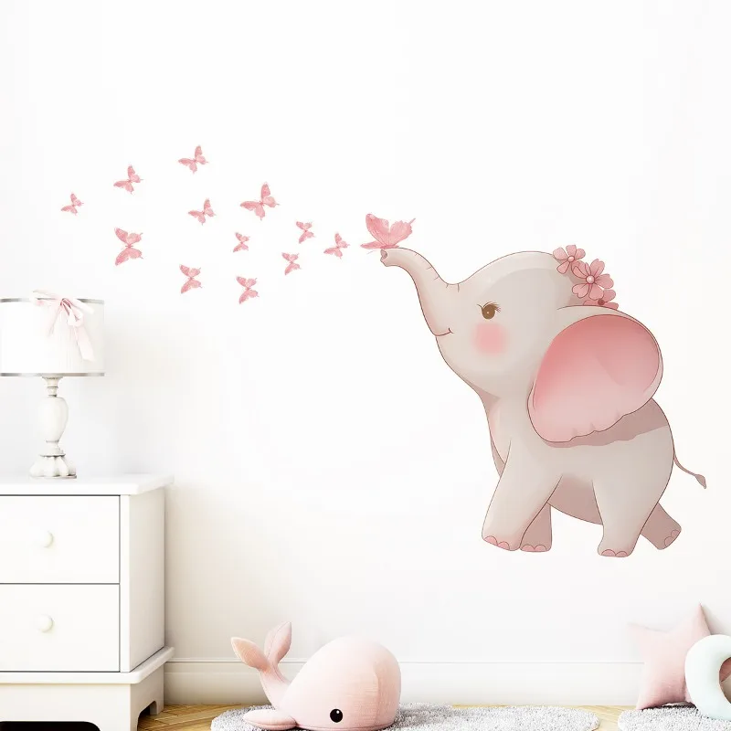 Pink Dream Butterfly Elephant Cartoon Decoration Wall Stickers Self-adhesive for Children Room Living Room Background Decal