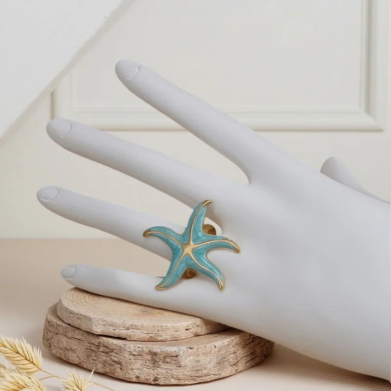 خاتم نجم البحر الفاخر الخفيف، خاتم مفتوح على شكل نجمة خماسية من الفولاذ المقاوم للصدأ للسيدات، خاتم إصبع السبابة غير المنتظم باللون الذهبي البسيط، Mar