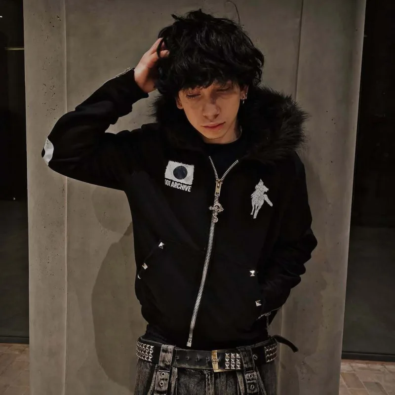 Dark punk style trendy hip-hop cardigan hooded sweatshirt with letter print and multiple zippers men's and women's hoodies