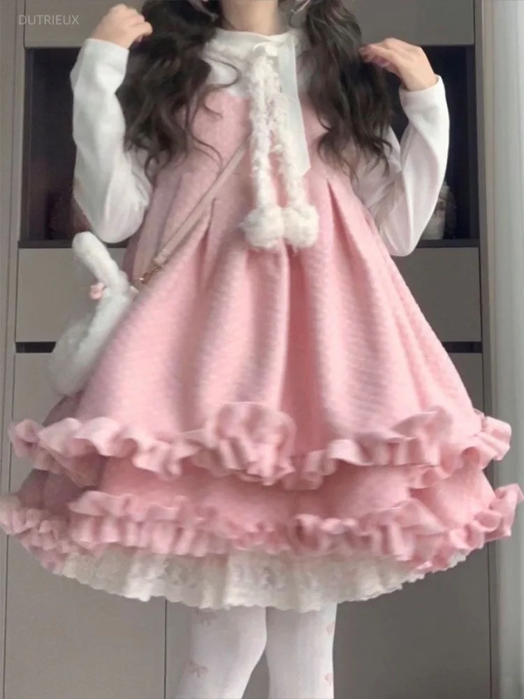 Two Peices Set Japanese Sweet Lolita Ruffled Pleated Dress + Women Simple Bandage Kawaii T-shirt Female Cute Y2k Aesthetic Suit