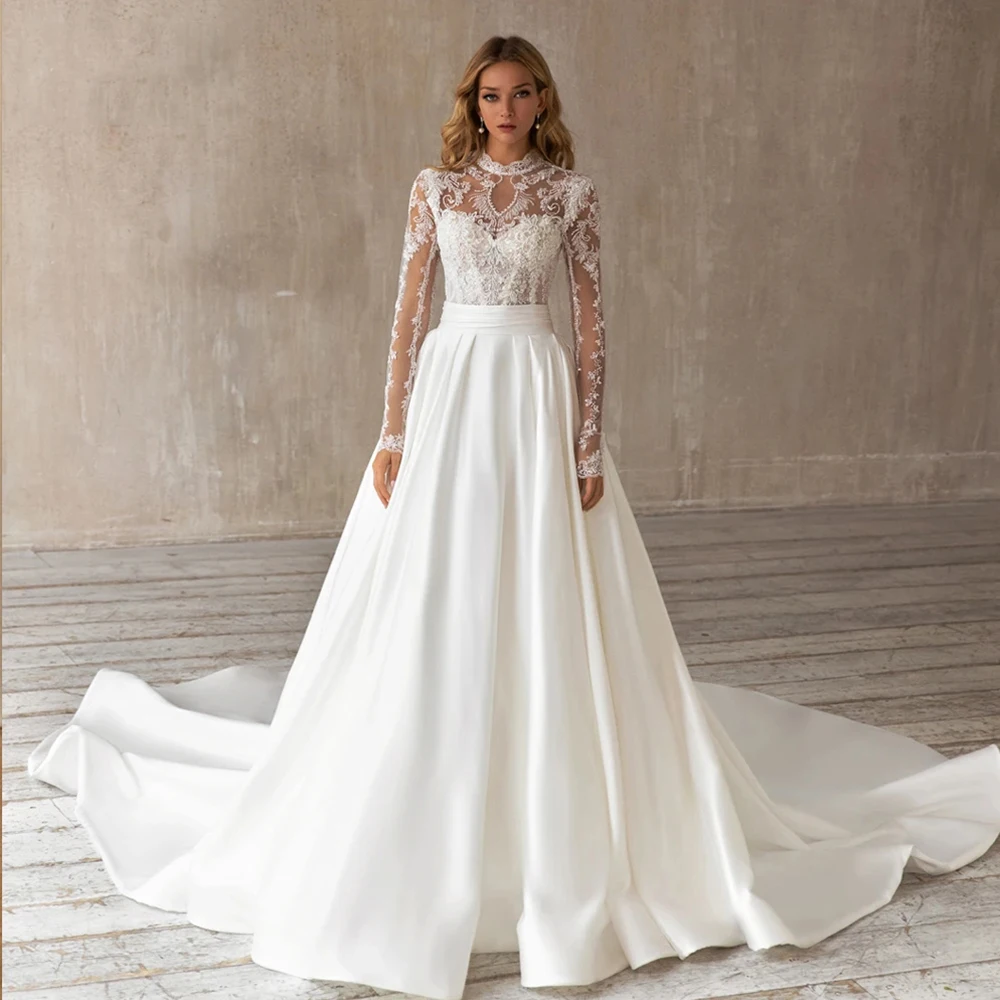 

Luxury Women's Wedding Dresses 2 In 1 Lace Applique Beads Detachable Skirt Princess Bridal Gowns Formal Beach Party Robe Mariée