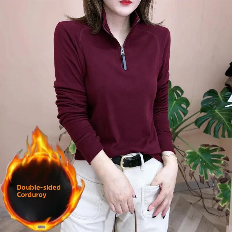 

Faionable Double-Sided Camere Long Sve T-irt Pure Color Stand Collar Women's Anti-Aging Top New Arrival Autumn Winter