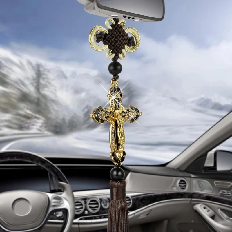 Fashion Car Pendant Metal Diamond Tassel Cross Jesus Christian Religious Rearview Mirror Hanging Ornaments Interior Decoration