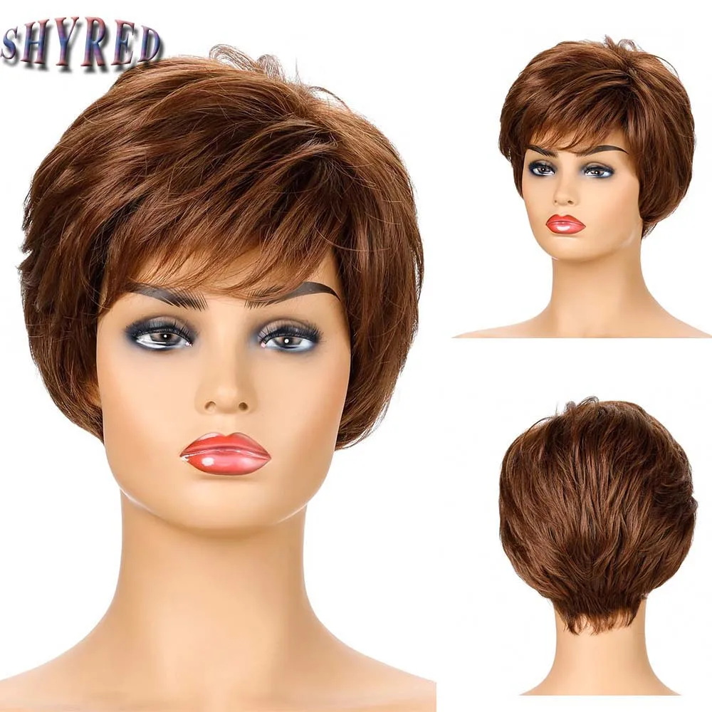 Women\'s Fashion Short Synthetic Wigs Pixie Cut Brown Ombre Hair Costume Party Wigs for Woman Fluffy Natural Curly Wig