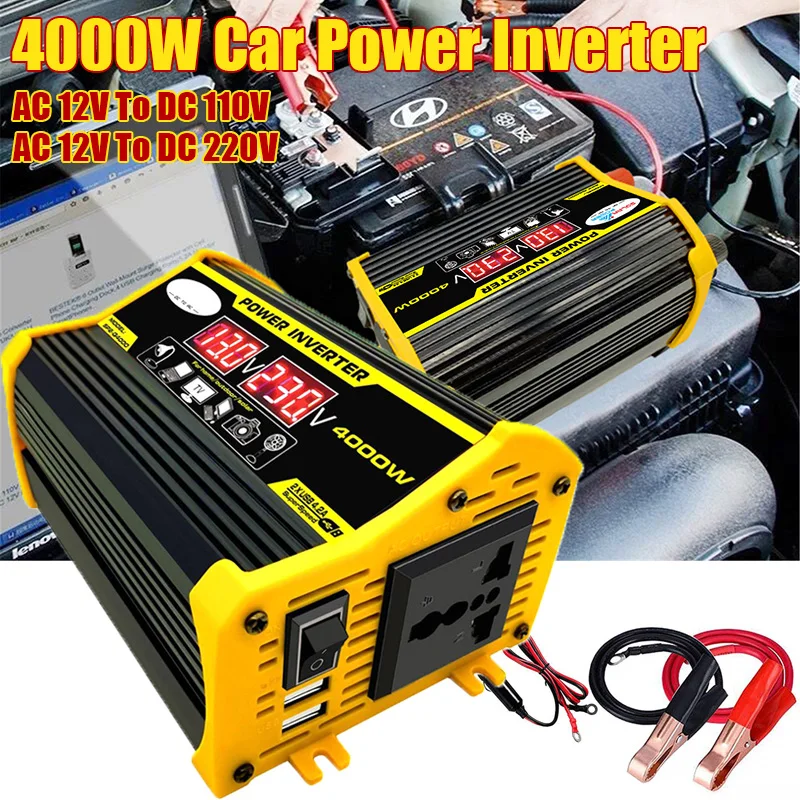 

4000W Car Power Inverter DC 12V To AC 110V 220V Universal Sine Wave Electronic Charging Converter 2 USB Outdoor Camping Charge