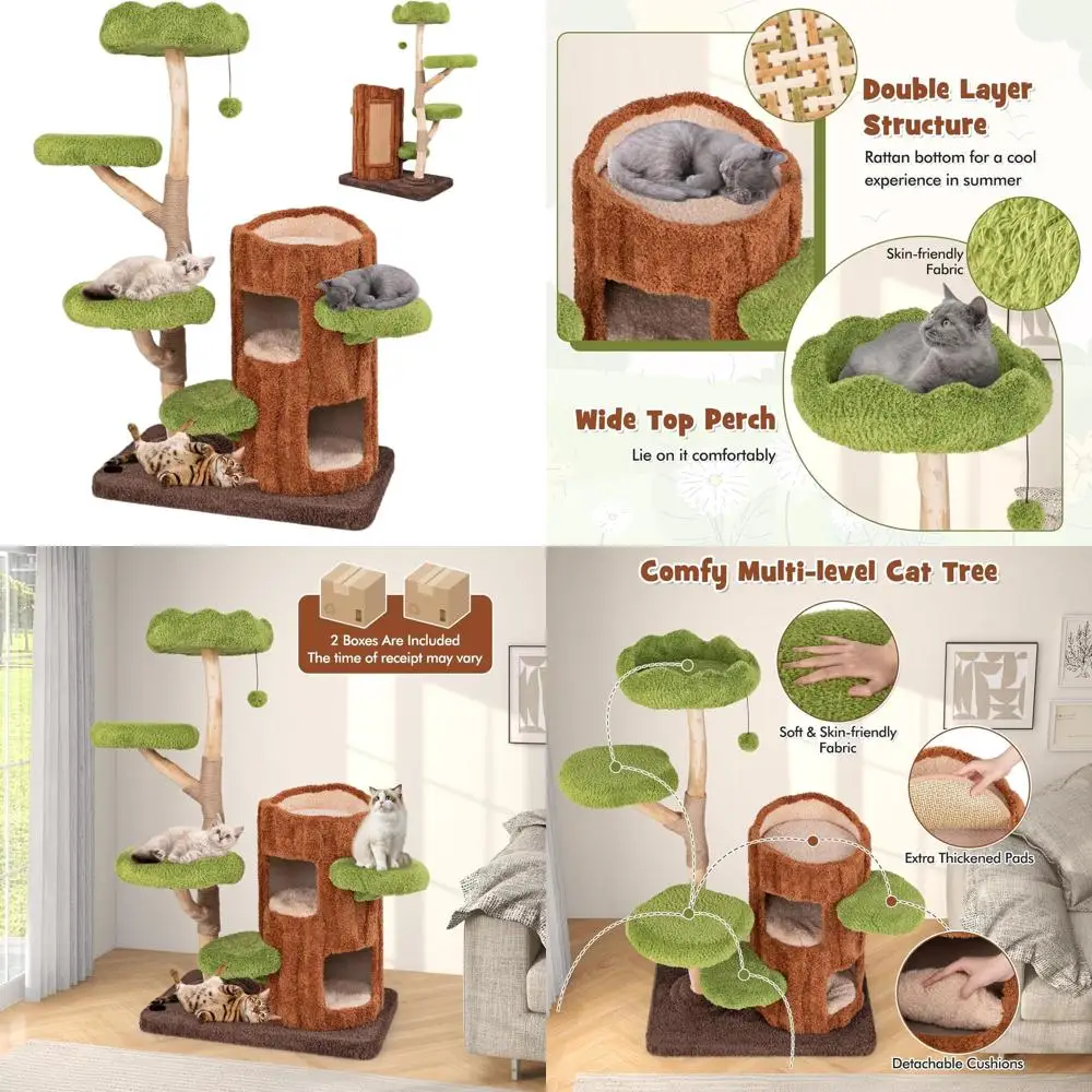 

55 многоуровневых деревянных кошачьих башней с двухэтажным домиком, когтеточками, сизалевыми досками, мягкими платформами и подвесными игрушками для больших размеров