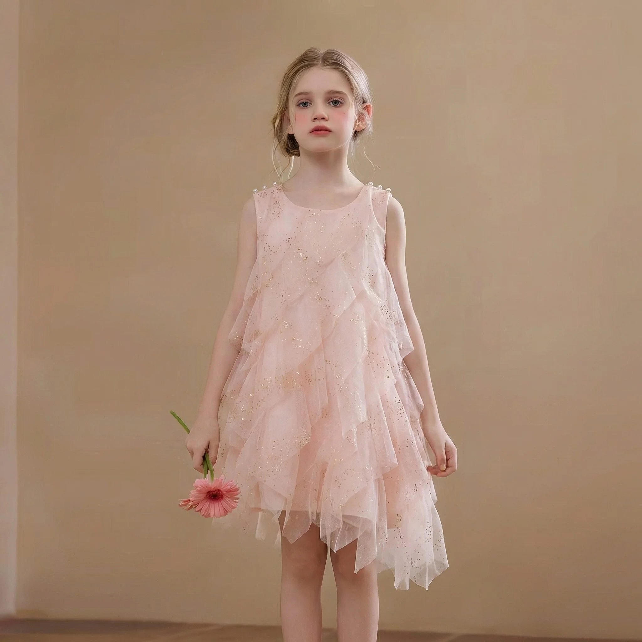 

2026 Elegant Pink Ruffled Princess Gown for Girls, Sparkly Tulle Birthday Party Dress, Summer Sleeveless Outfit with Bow