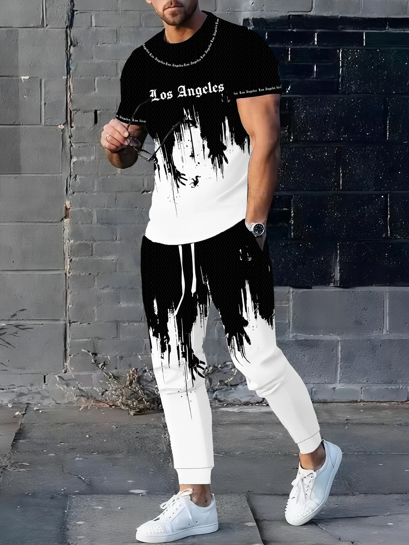 

The popular men's suit for summer Casual and fashionable black and white outdoor street wear