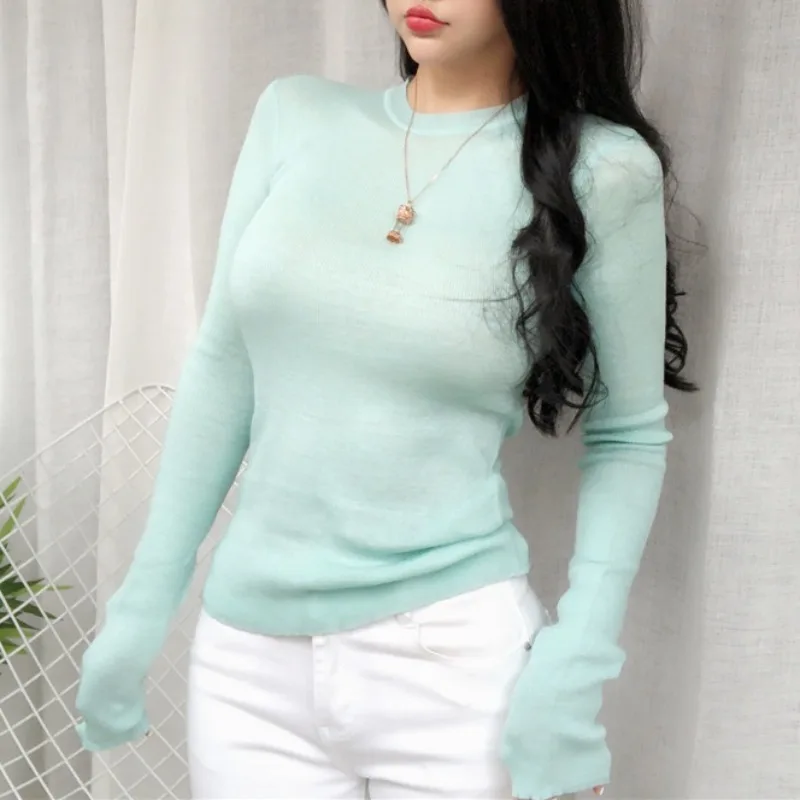 Maglioni sottili autunno-primavera da donna slim fit sexy maglioni leggermente trasparenti T-shirt lavorate a maglia a maniche lunghe con elasticità morbida